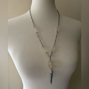 Vintage Art Deco Clear Beaded Station Drop Necklace w Tassel Silver